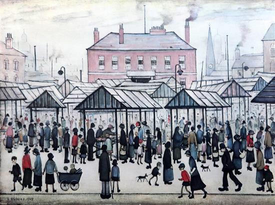 §Laurence Stephen Lowry (1887-1976) Market scene in a northern town overall 23.75 x 29.5in.
